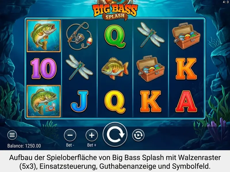 big bass splash slot Spieloberfläche mit Walzen und Einsatzmenü